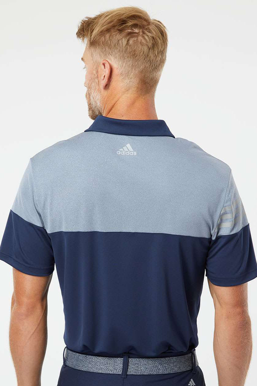 Adidas A213 Mens 3 Stripes Colorblock Moisture Wicking Short Sleeve Polo Shirt Collegiate Navy Blue/Mid Grey Model Back