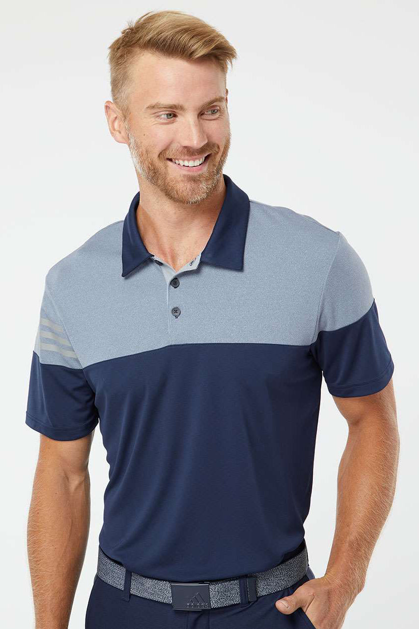 Adidas A213 Mens 3 Stripes Heathered Colorblock Short Sleeve Polo Shirt Collegiate Navy Blue/Mid Grey Model Front