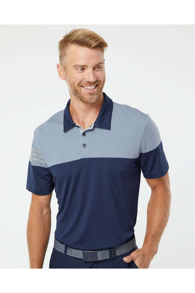 Adidas A213 Mens 3 Stripes Heathered Colorblock Short Sleeve Polo Shirt Collegiate Navy Blue/Mid Grey Model Front