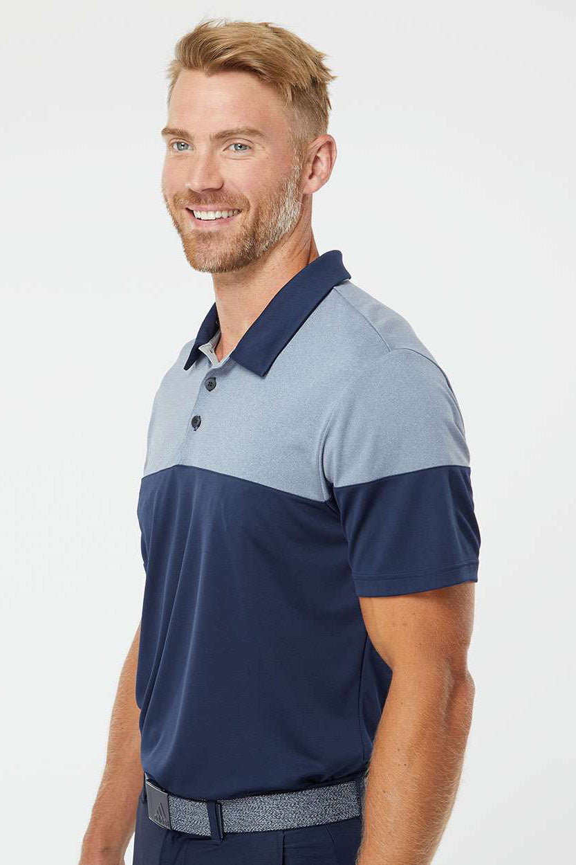 Adidas A213 Mens 3 Stripes Heathered Colorblock Short Sleeve Polo Shirt Collegiate Navy Blue/Mid Grey Model Side