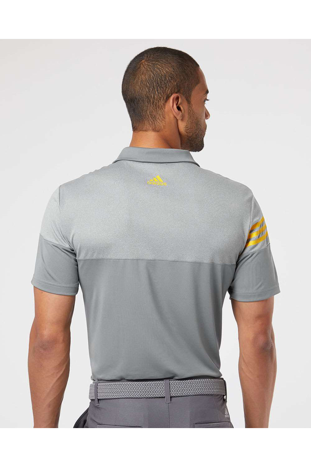 Adidas A213 Mens 3 Stripes Heathered Colorblock Short Sleeve Polo Shirt Vista Grey/Yellow Model Back