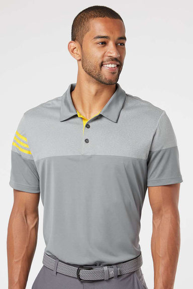 Adidas A213 Mens 3 Stripes Colorblock Moisture Wicking Short Sleeve Polo Shirt Vista Grey/Yellow Model Front