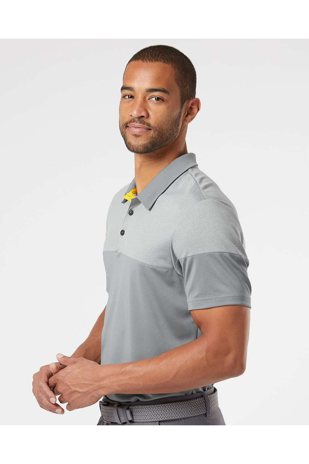 Adidas A213 Mens 3 Stripes Heathered Colorblock Short Sleeve Polo Shirt Vista Grey/Yellow Model Side