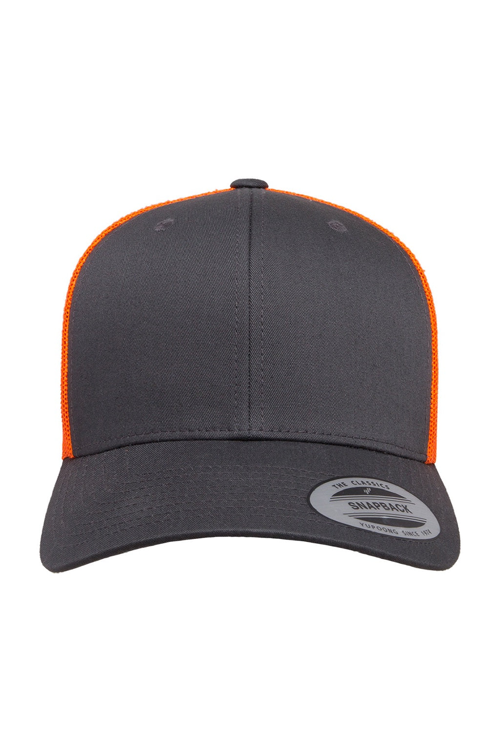 Yupoong Hats 6606 Mens Retro Snapback Trucker Hat Charcoal Grey/Neon Orange Flat Front