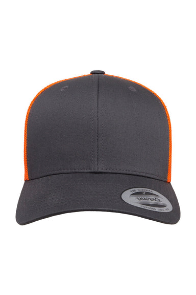 Yupoong Hats 6606 Mens Retro Snapback Trucker Hat Charcoal Grey/Neon Orange Flat Front