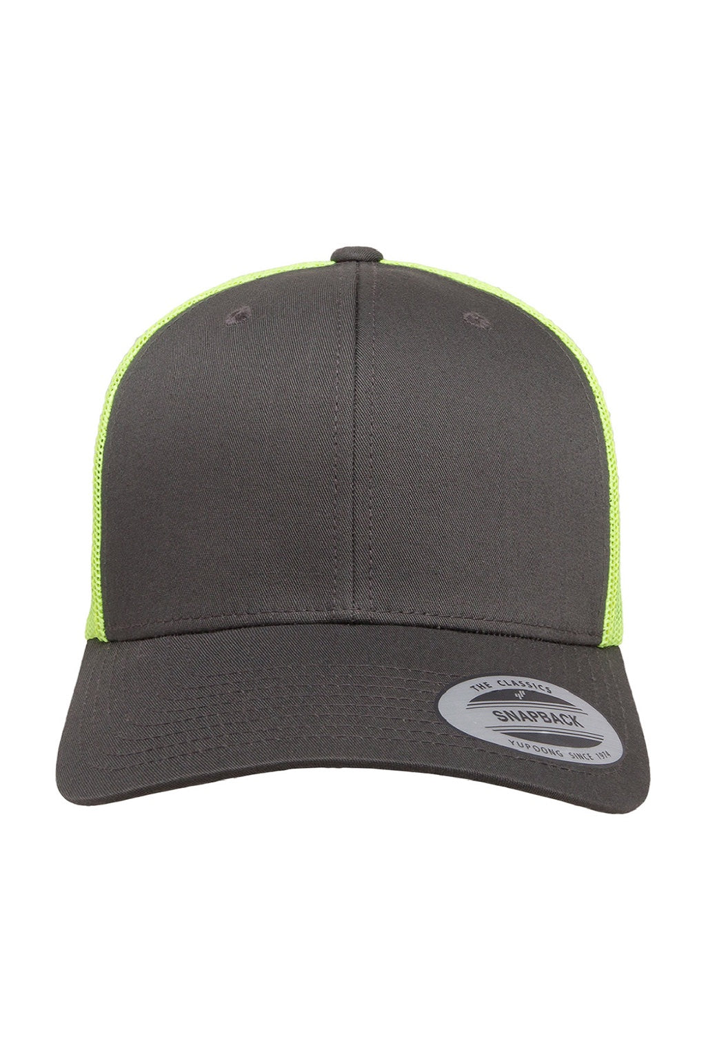 Yupoong Hats 6606 Mens Retro Snapback Trucker Hat Charcoal Grey/Neon Green Flat Front