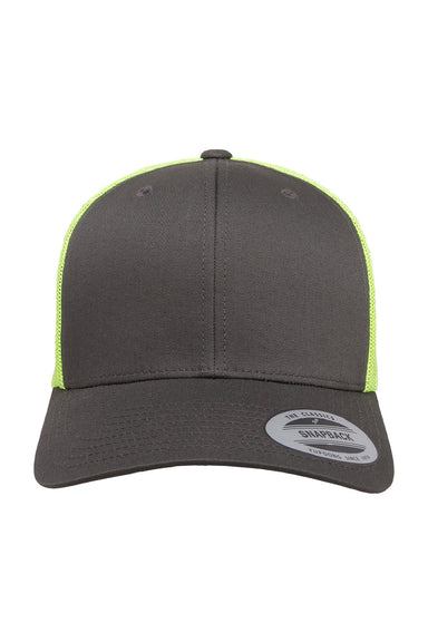 Yupoong Hats 6606 Mens Retro Snapback Trucker Hat Charcoal Grey/Neon Green Flat Front