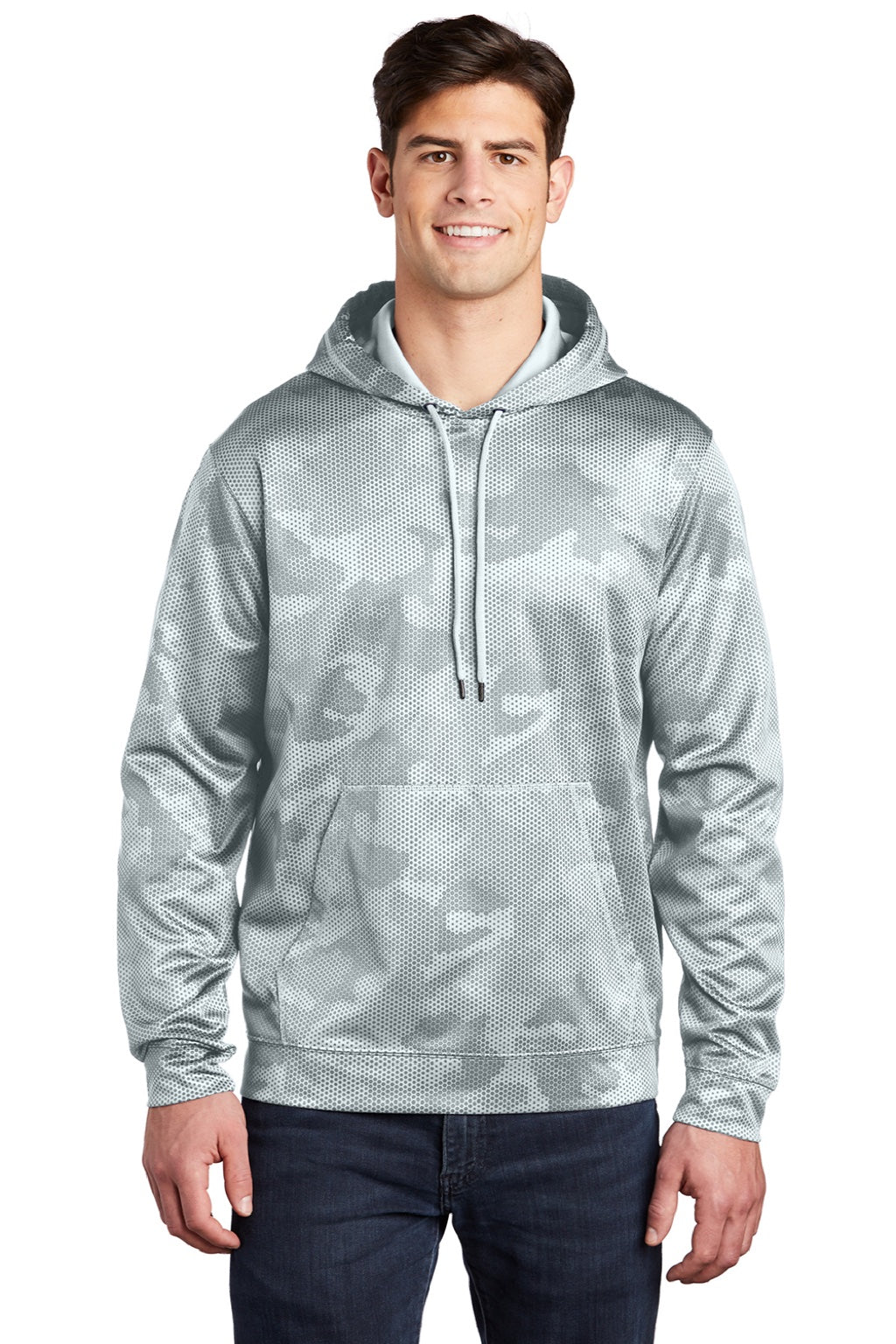 Sport-Tek ST240 Mens Sport-Wick CamoHex Moisture Wicking Fleece Hooded Sweatshirt Hoodie w/ Pouch Pocket White Model Front