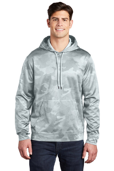 Sport-Tek ST240 Mens Sport-Wick CamoHex Moisture Wicking Fleece Hooded Sweatshirt Hoodie w/ Pouch Pocket White Model Front