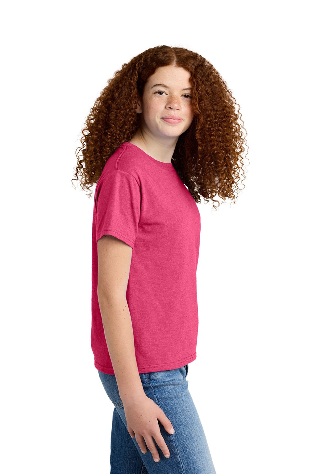 Gildan 64000BCVC Youth Softstyle CVC Short Sleeve Crewneck T-Shirt Pink Lemonade Mist Model Side