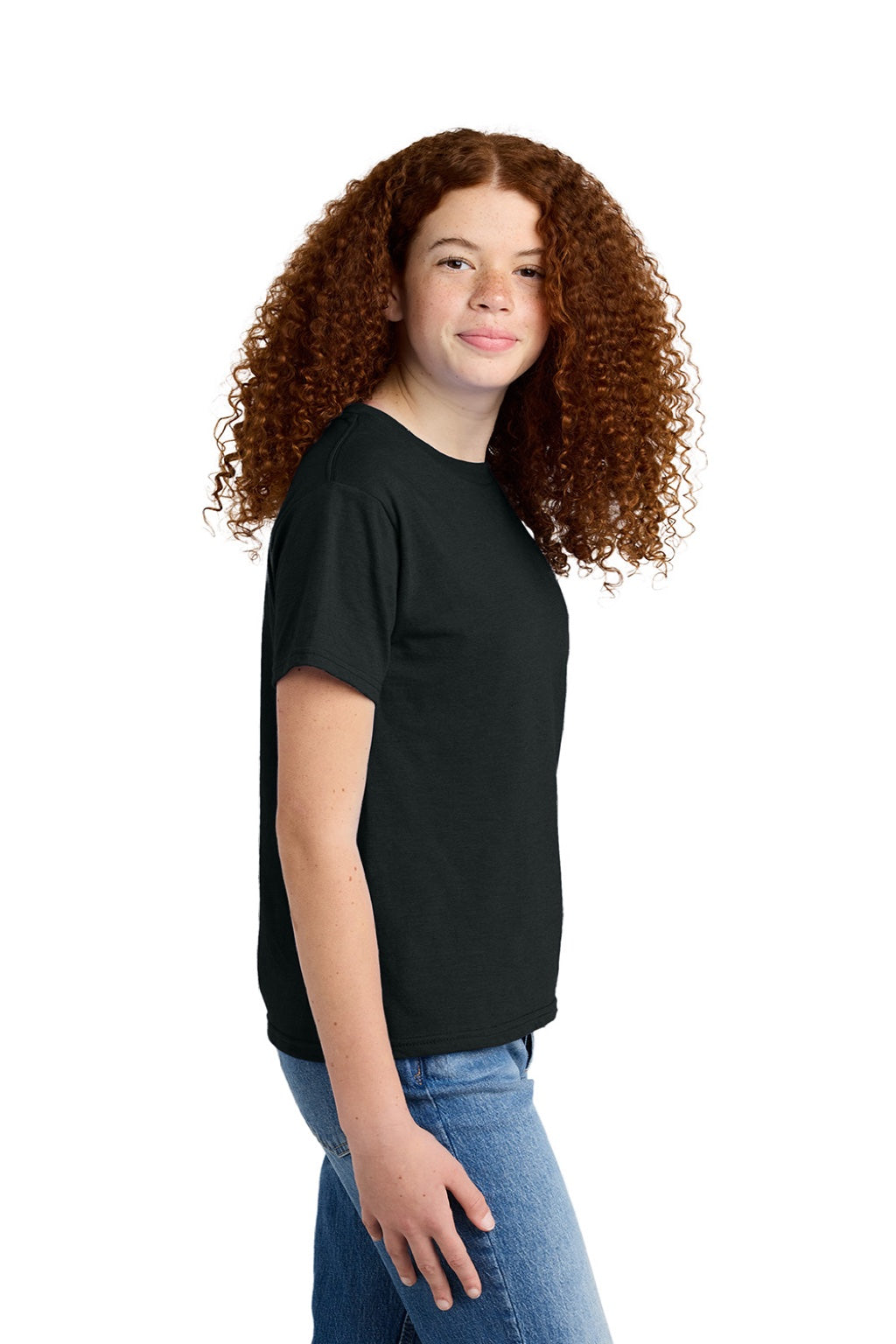 Gildan 64000BCVC Youth Softstyle CVC Short Sleeve Crewneck T-Shirt Pitch Black Model Side