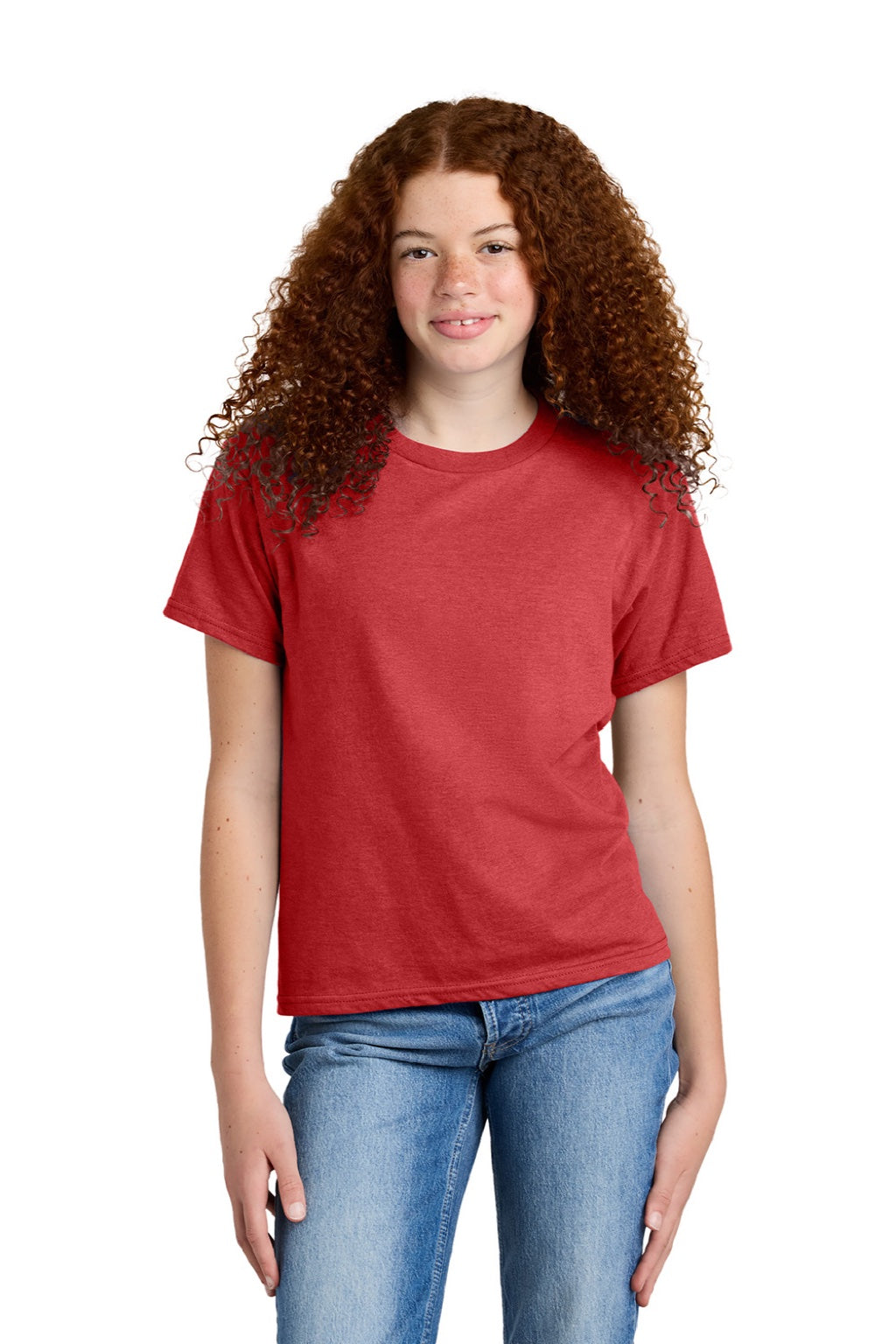 Gildan 64000BCVC Youth Softstyle CVC Short Sleeve Crewneck T-Shirt Red Mist Model Front