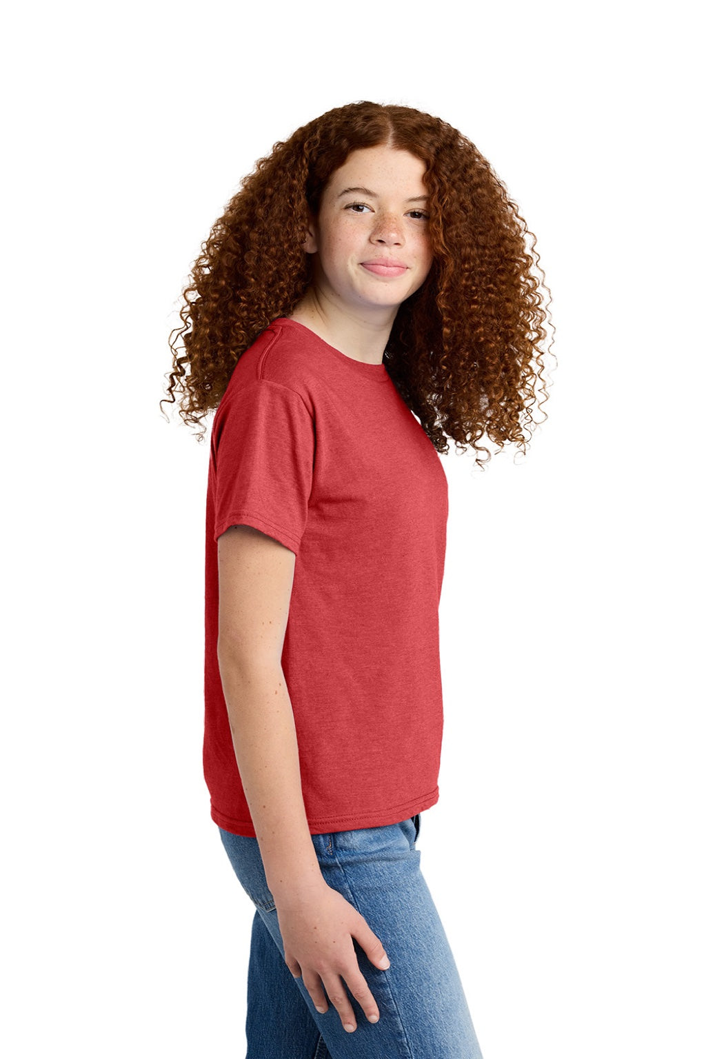 Gildan 64000BCVC Youth Softstyle CVC Short Sleeve Crewneck T-Shirt Red Mist Model Side
