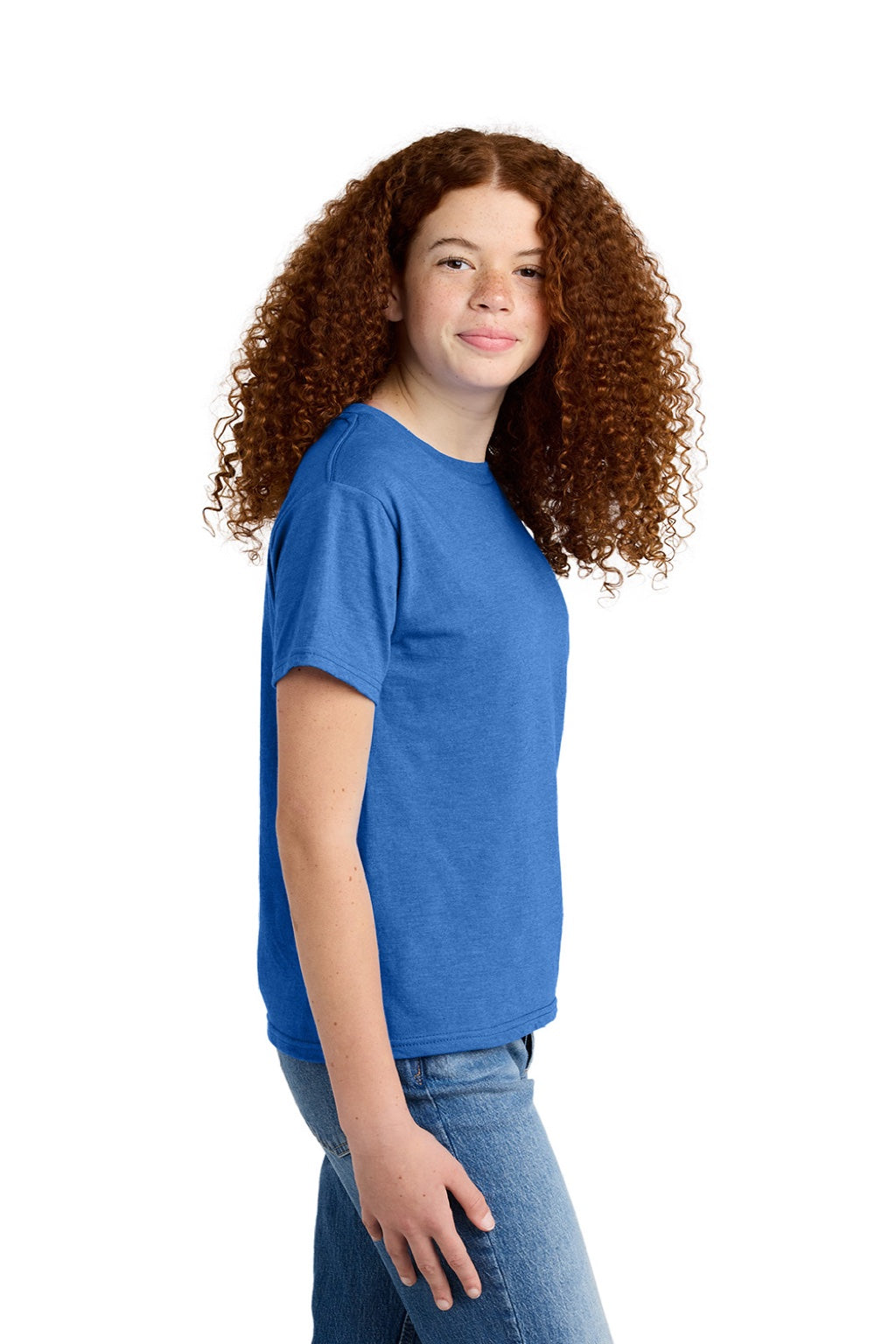 Gildan 64000BCVC Youth Softstyle CVC Short Sleeve Crewneck T-Shirt Royal Blue Mist Model Side