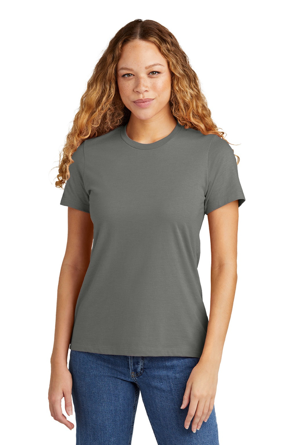Gildan 64001LCVC Womens Softstyle CVC Short Sleeve Crewneck T-Shirt Gunmetal Grey Model Front