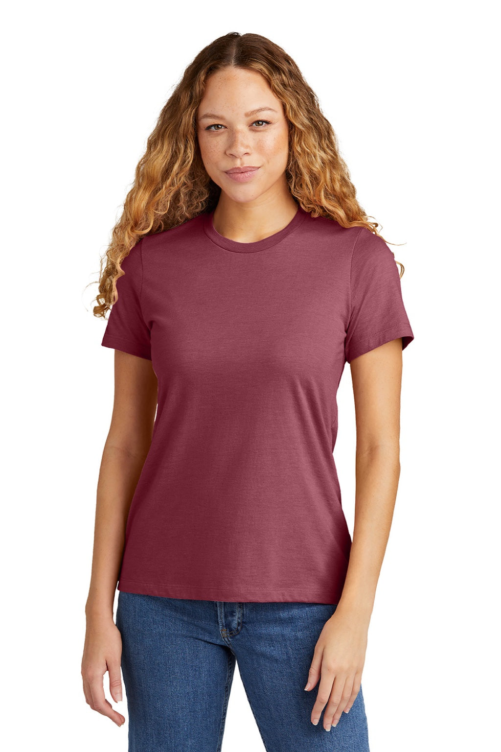 Gildan 64001LCVC Womens Softstyle CVC Short Sleeve Crewneck T-Shirt Maroon Mist Model Front