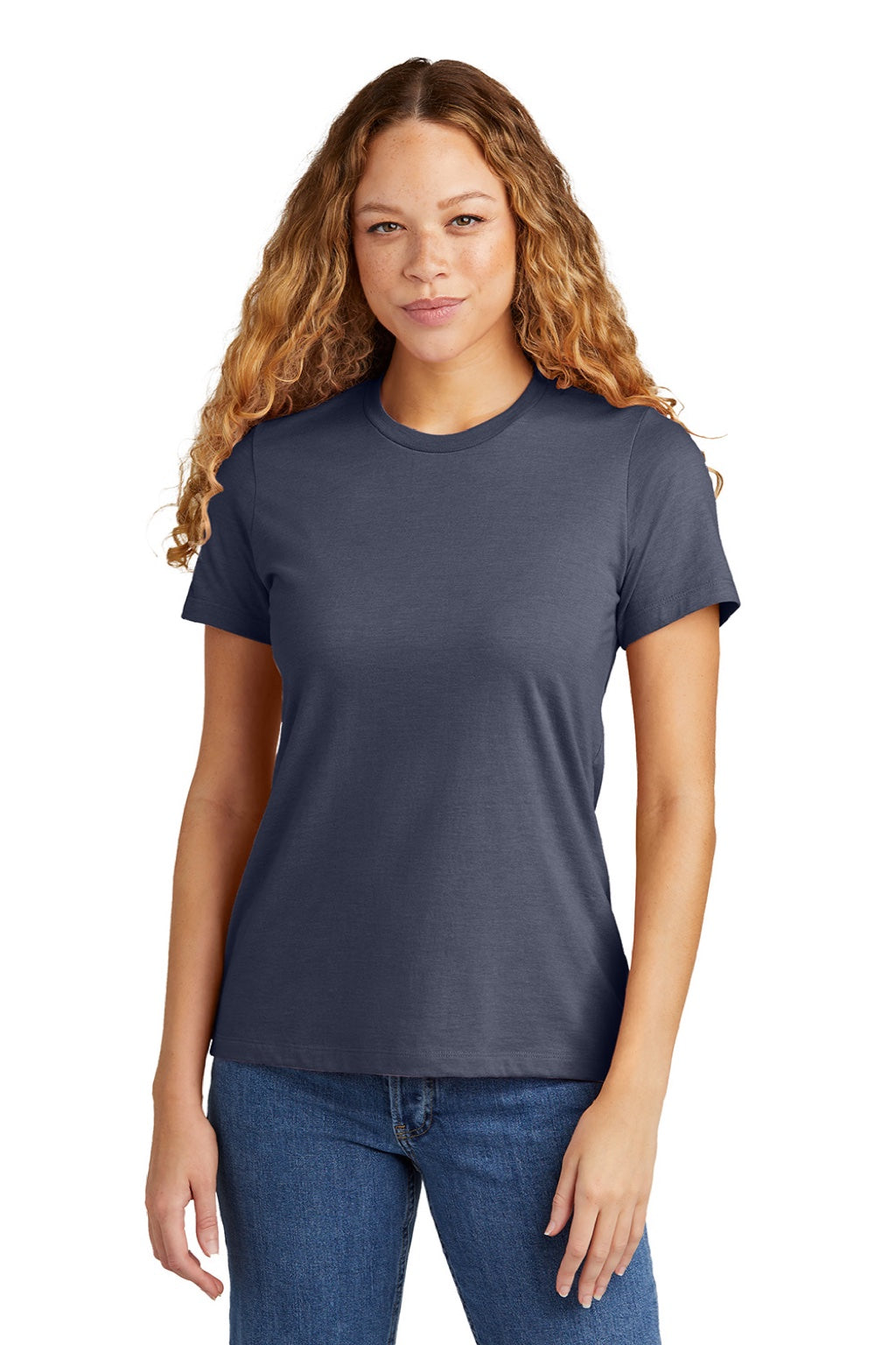 Gildan 64001LCVC Womens Softstyle CVC Short Sleeve Crewneck T-Shirt Navy Blue Mist Model Front