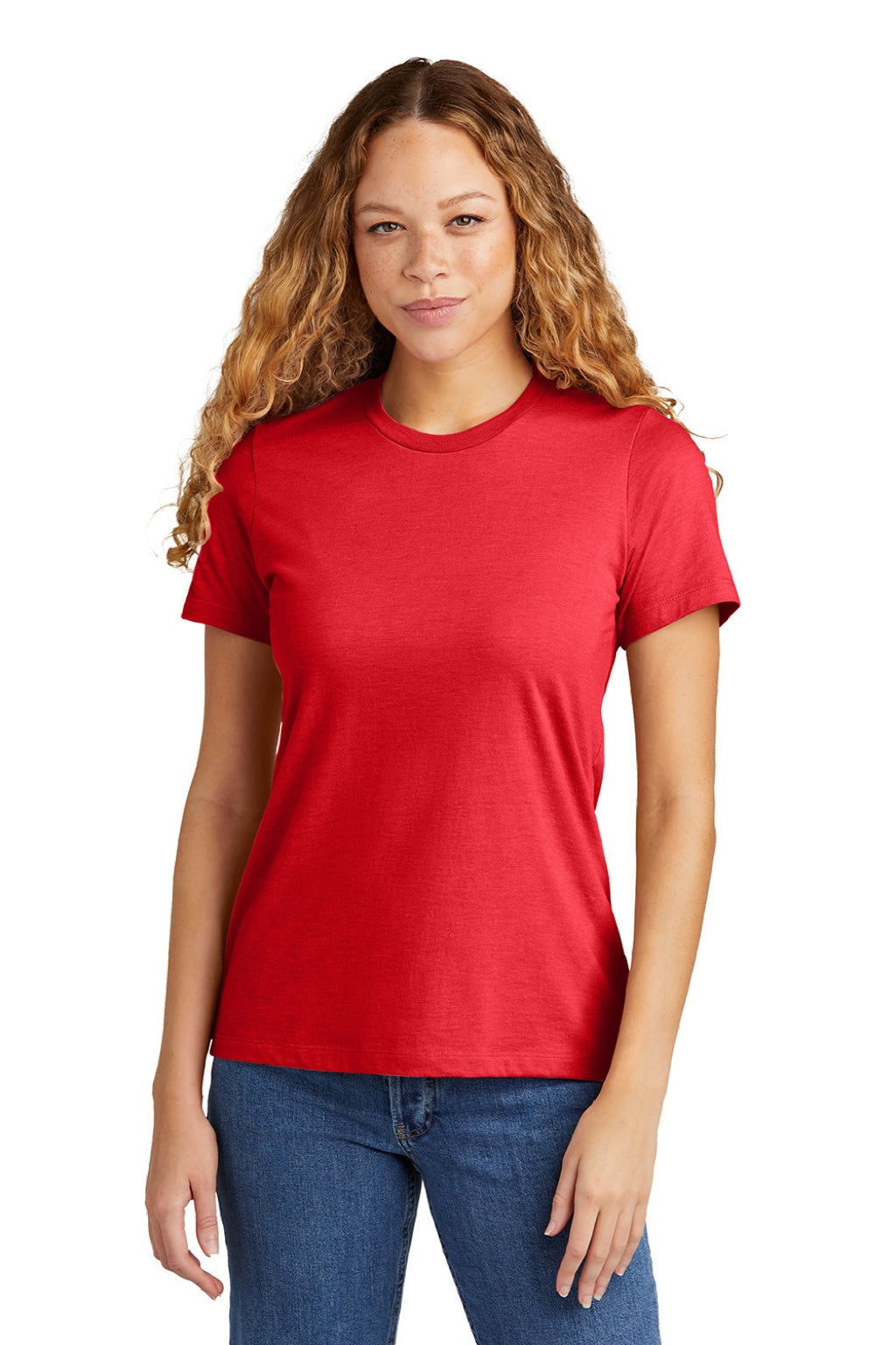 Gildan 64001LCVC Womens Softstyle CVC Short Sleeve Crewneck T-Shirt Red Mist Model Front