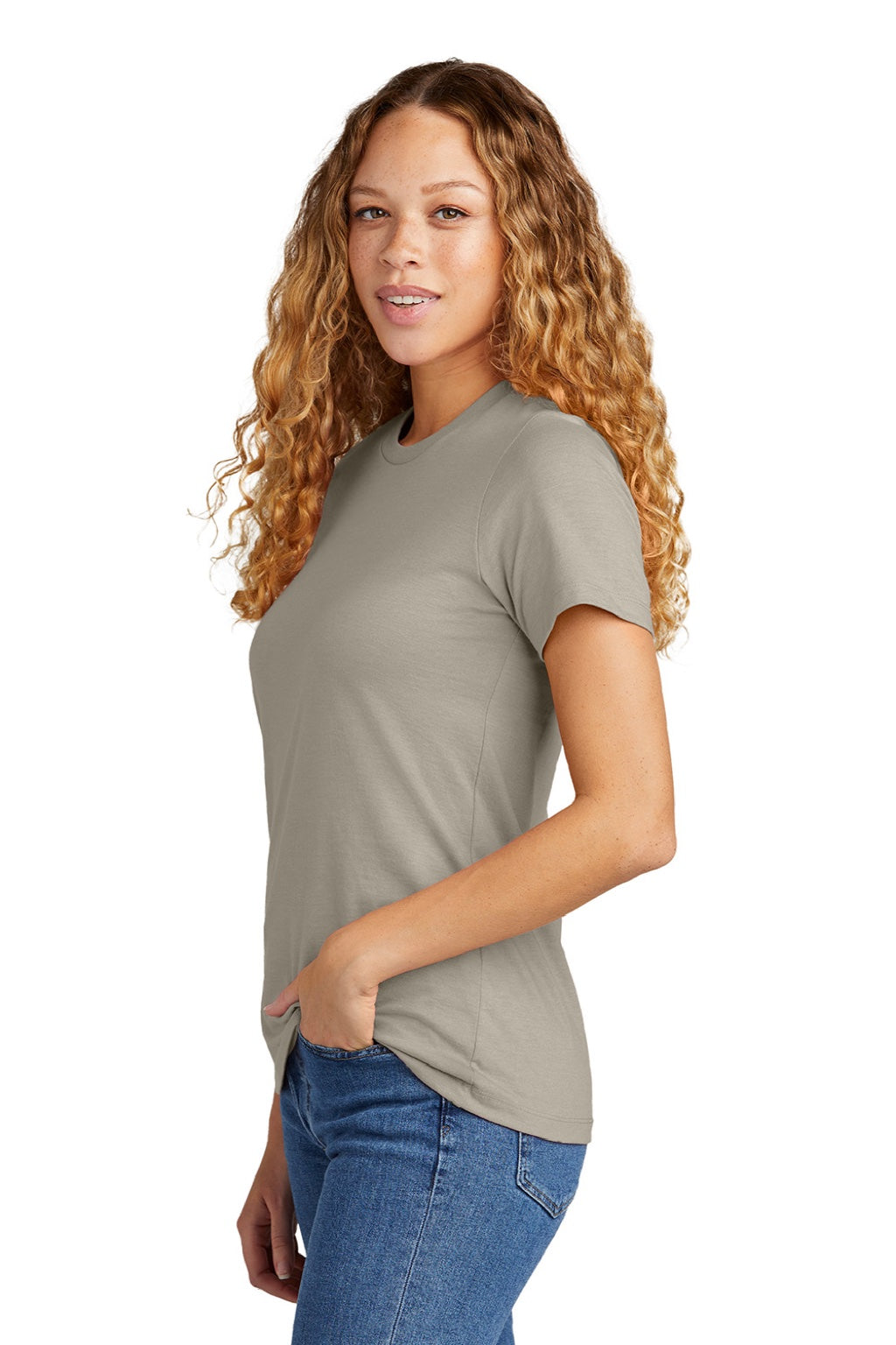 Gildan 64001LCVC Womens Softstyle CVC Short Sleeve Crewneck T-Shirt Slate Grey Model Side