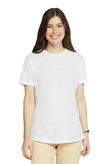 Gildan 64001LCVC Womens Softstyle CVC Short Sleeve Crewneck T-Shirt White Model Front