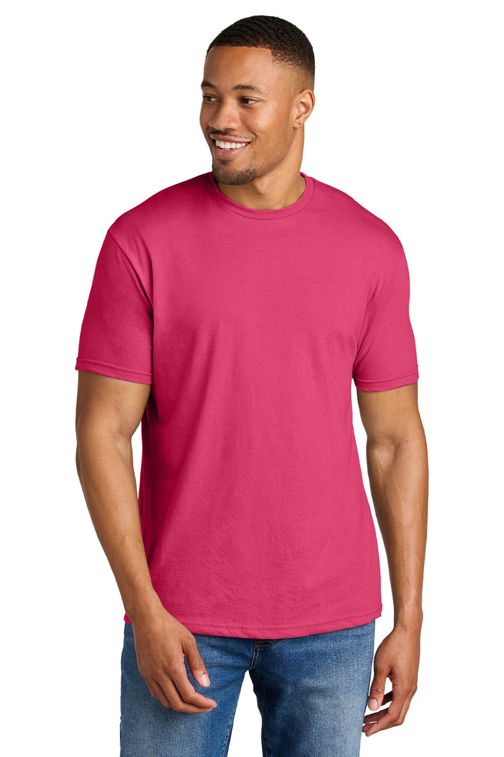 Gildan 64000CVC Mens Softstyle CVC Short Sleeve Crewneck T-Shirt Pink Lemonade Mist Model Front