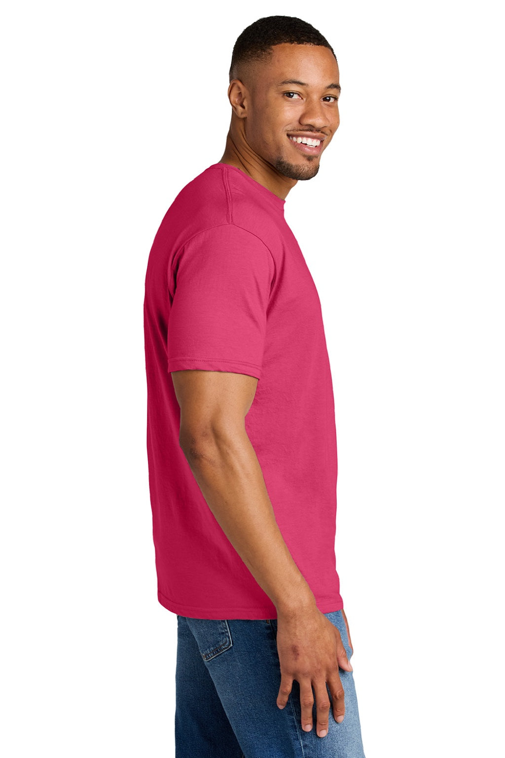 Gildan 64000CVC Mens Softstyle CVC Short Sleeve Crewneck T-Shirt Pink Lemonade Mist Model Side