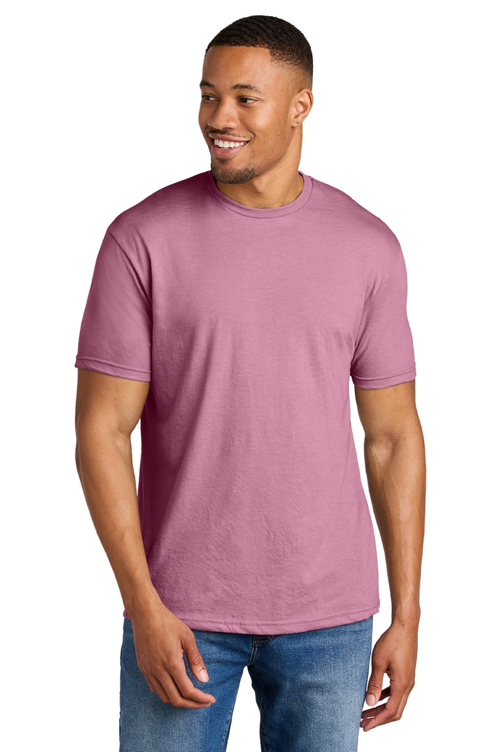 Gildan 64000CVC Mens Softstyle CVC Short Sleeve Crewneck T-Shirt Plumrose Pink Model Front