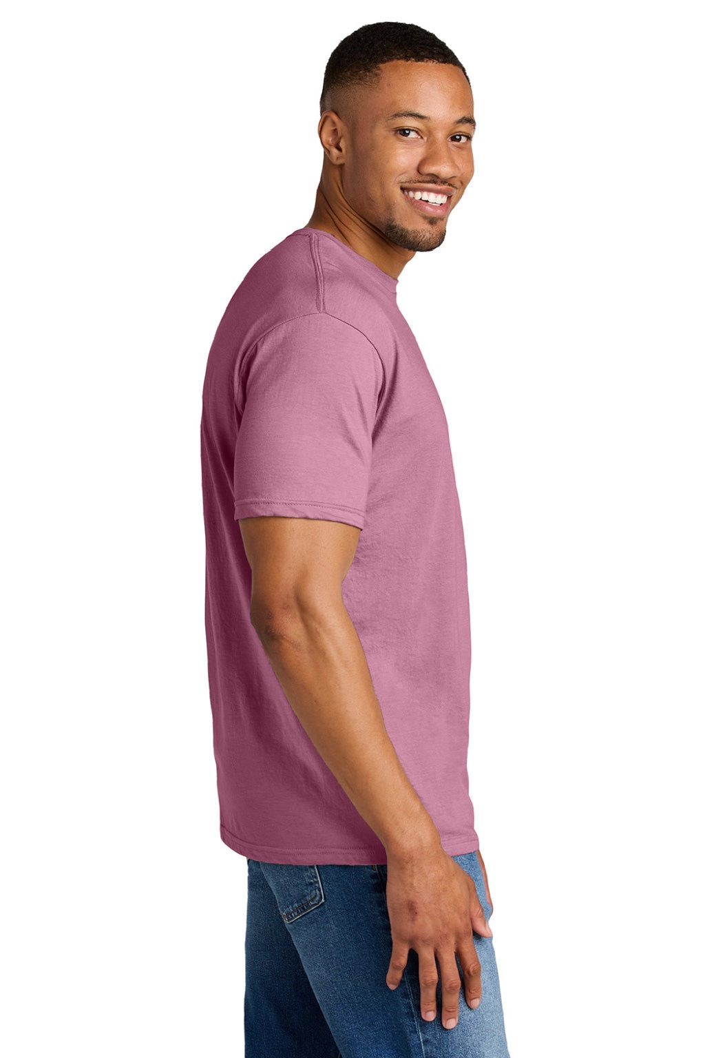 Gildan 64000CVC Mens Softstyle CVC Short Sleeve Crewneck T-Shirt Plumrose Pink Model Side