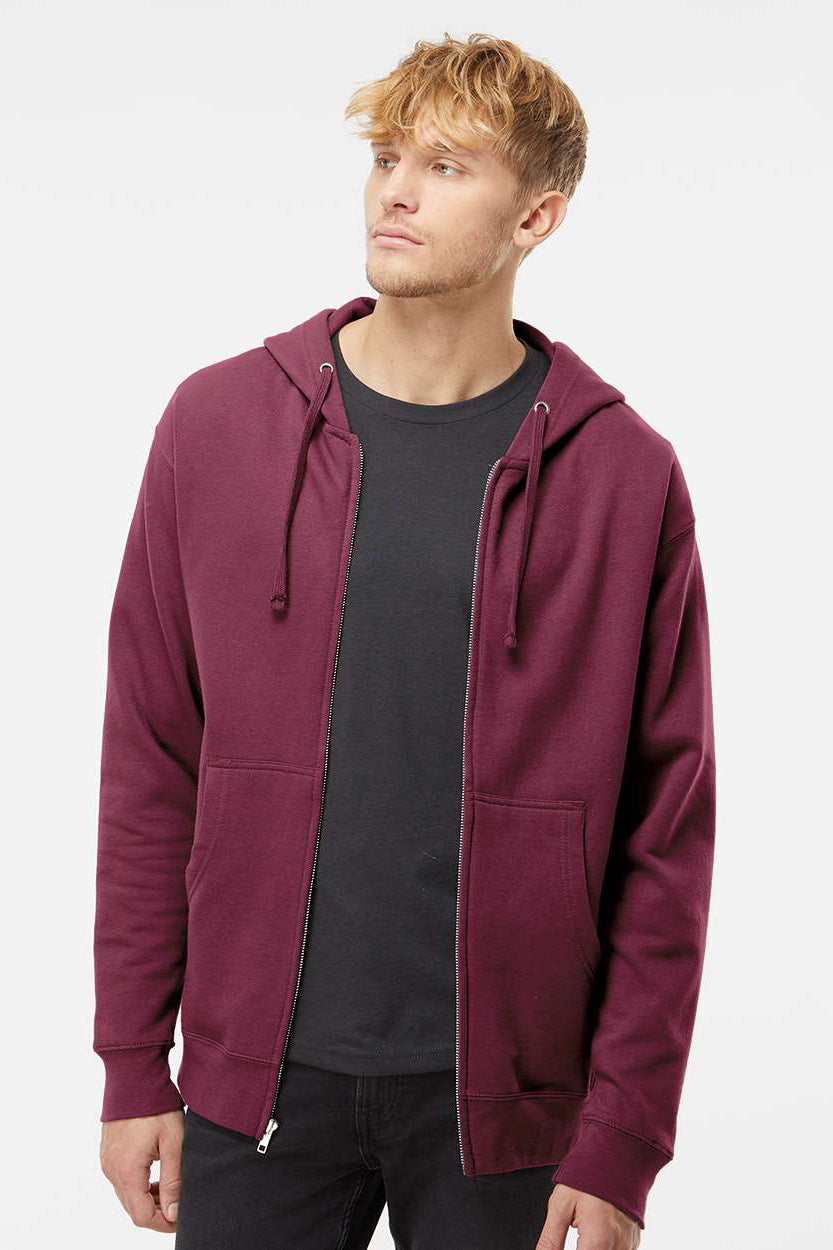 Independent Trading Company SS4500Z Mens Full Zip Hooded Sweatshirt Hoodie w/ Pockets Maroon Model Front