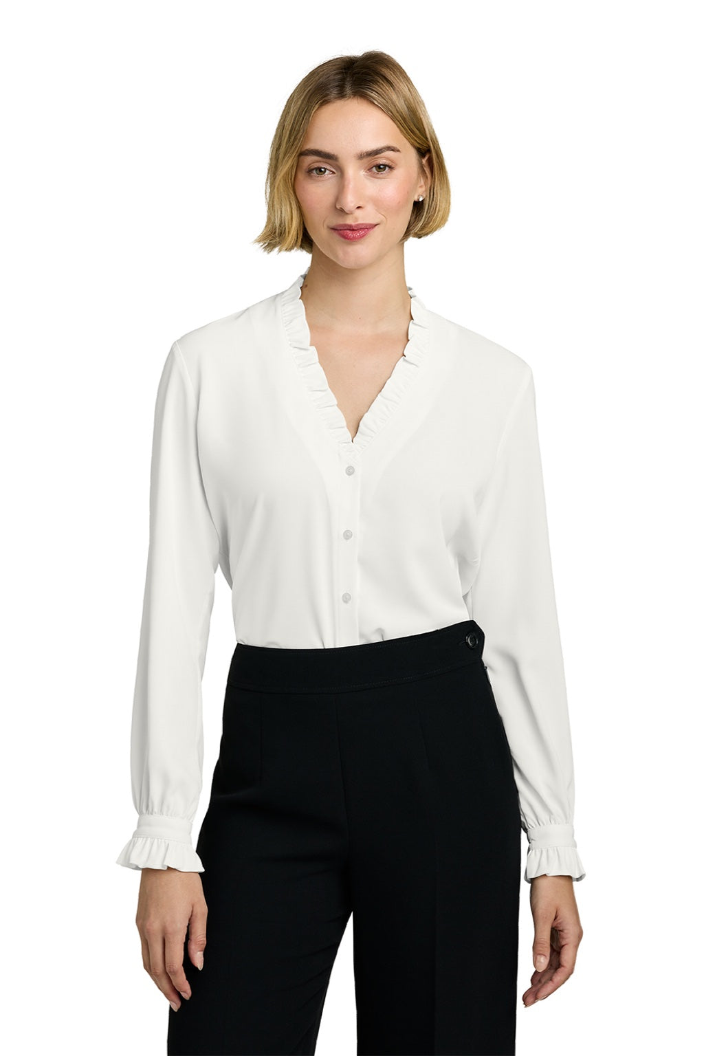 Brooks Brothers BB18011 Womens Ruffle Collar Long Sleeve Button Down Shirt Off White Model Front