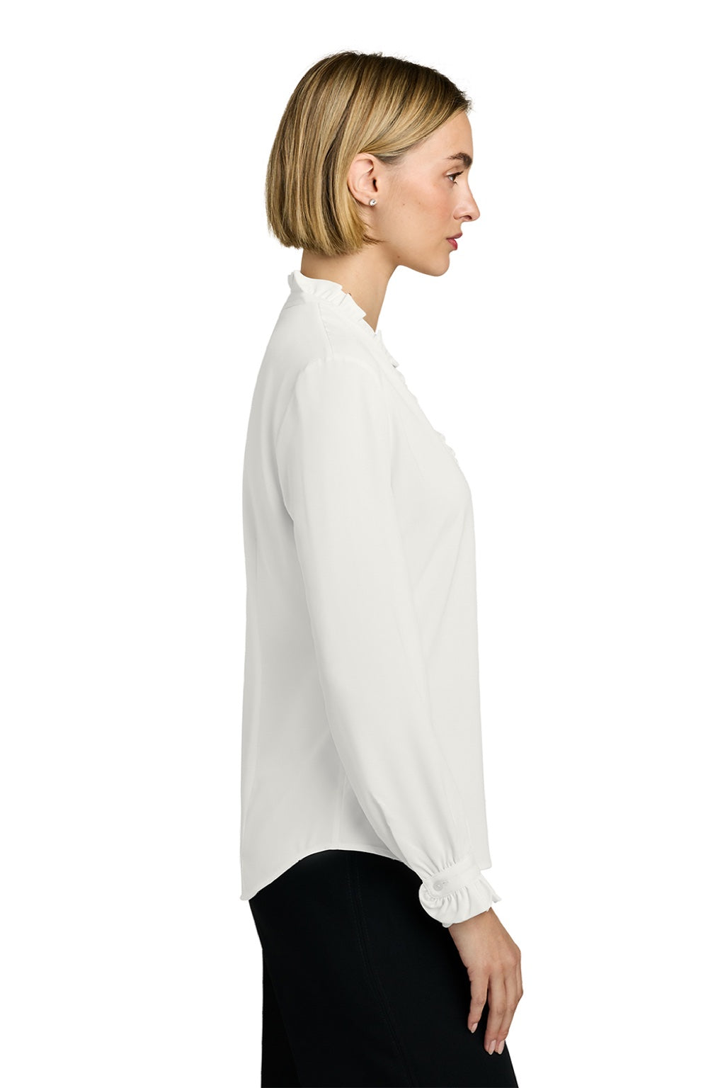 Brooks Brothers BB18011 Womens Ruffle Collar Long Sleeve Button Down Shirt Off White Model Side