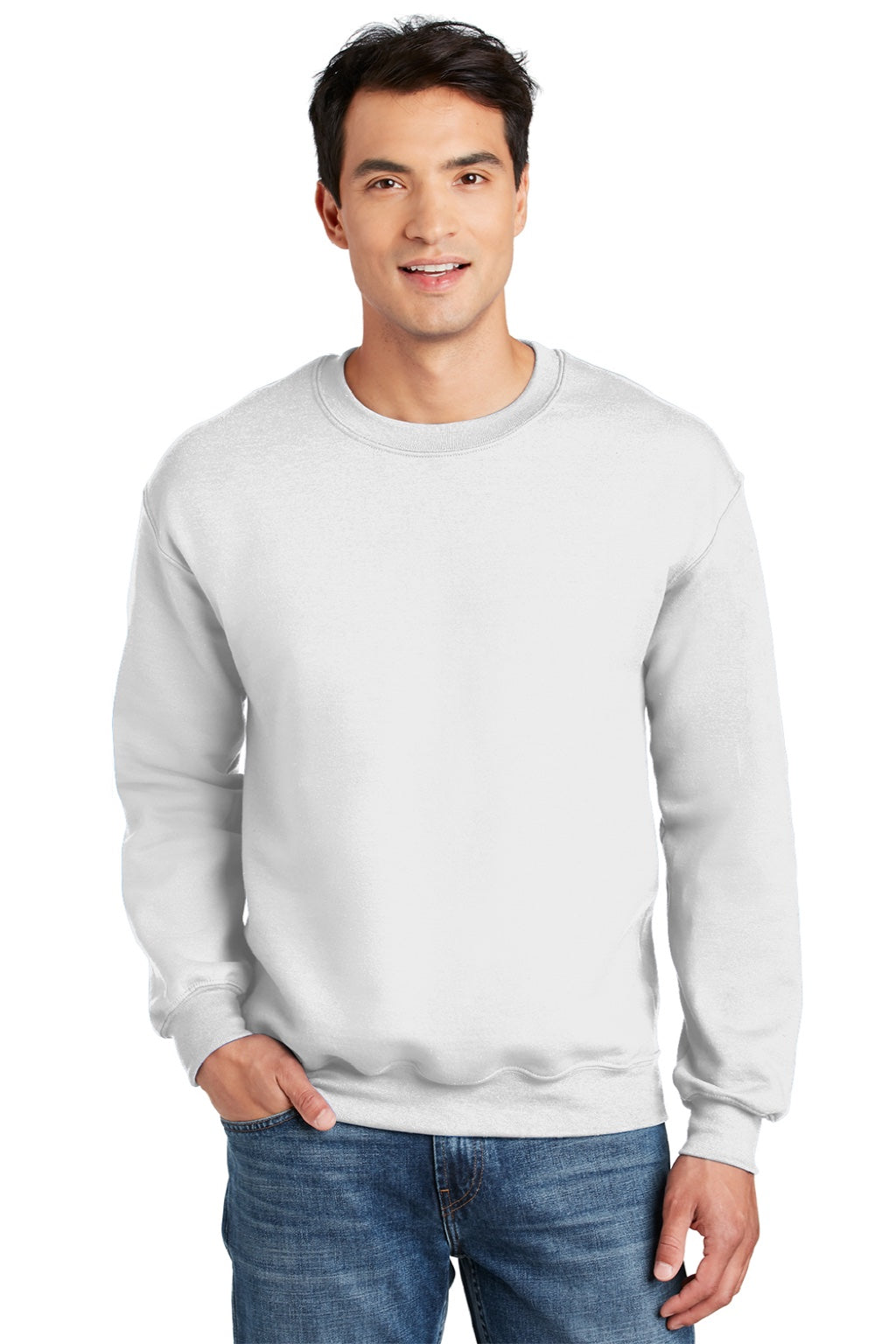 Gildan 12000 Mens DryBlend Moisture Wicking Fleece Crewneck Sweatshirt White Model Front