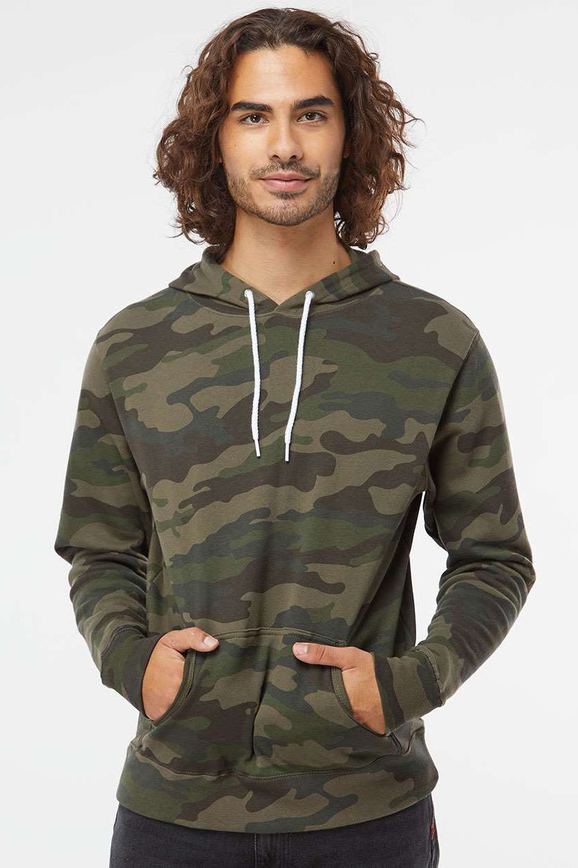 Independent Trading Company AFX90UN Mens Hooded Sweatshirt Hoodie w/ Pouch Pocket Forest Green Camo Model Front