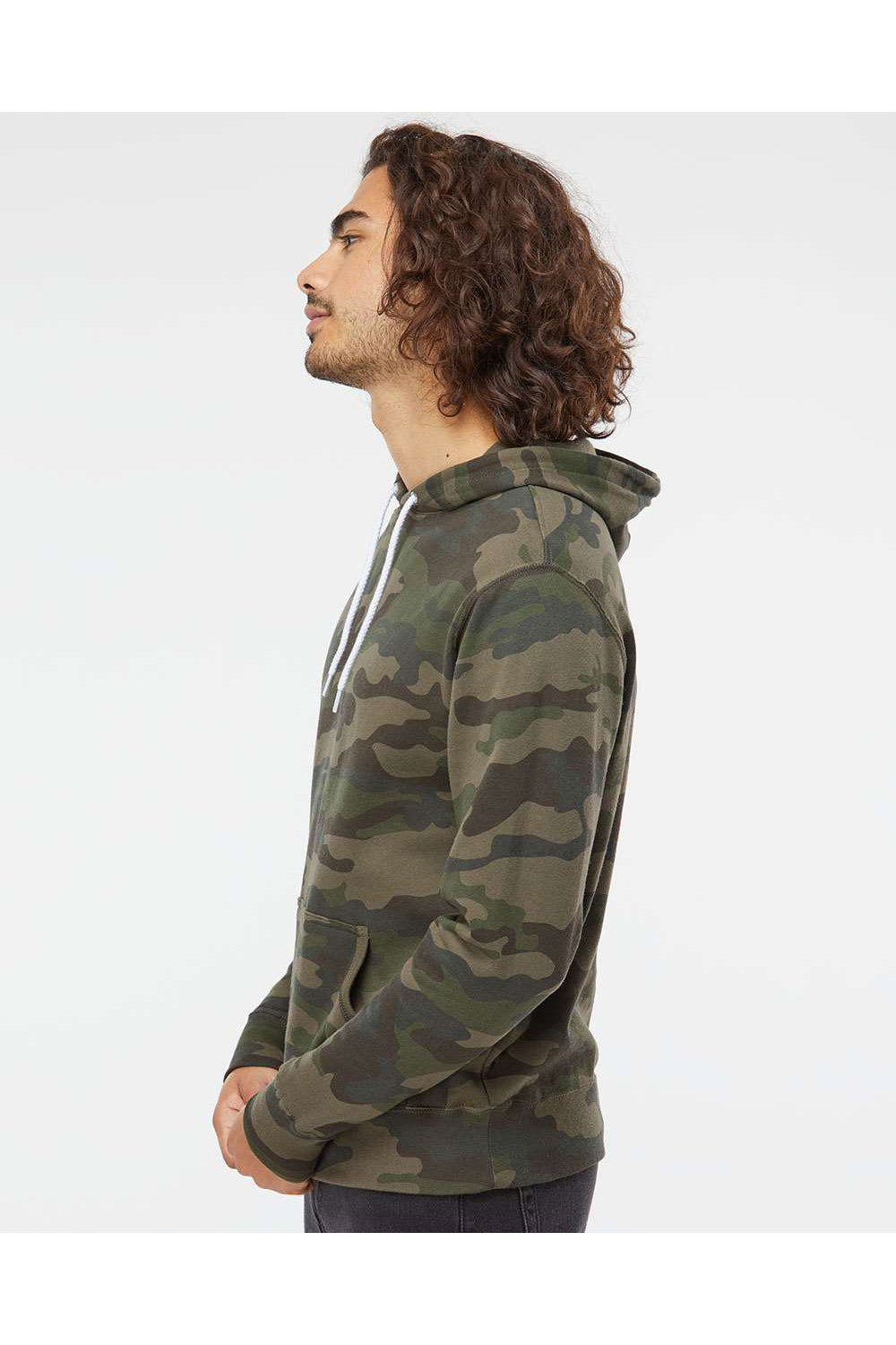 Independent Trading Co. AFX90UN Mens Hooded Sweatshirt Hoodie Forest Green Camo Model Side