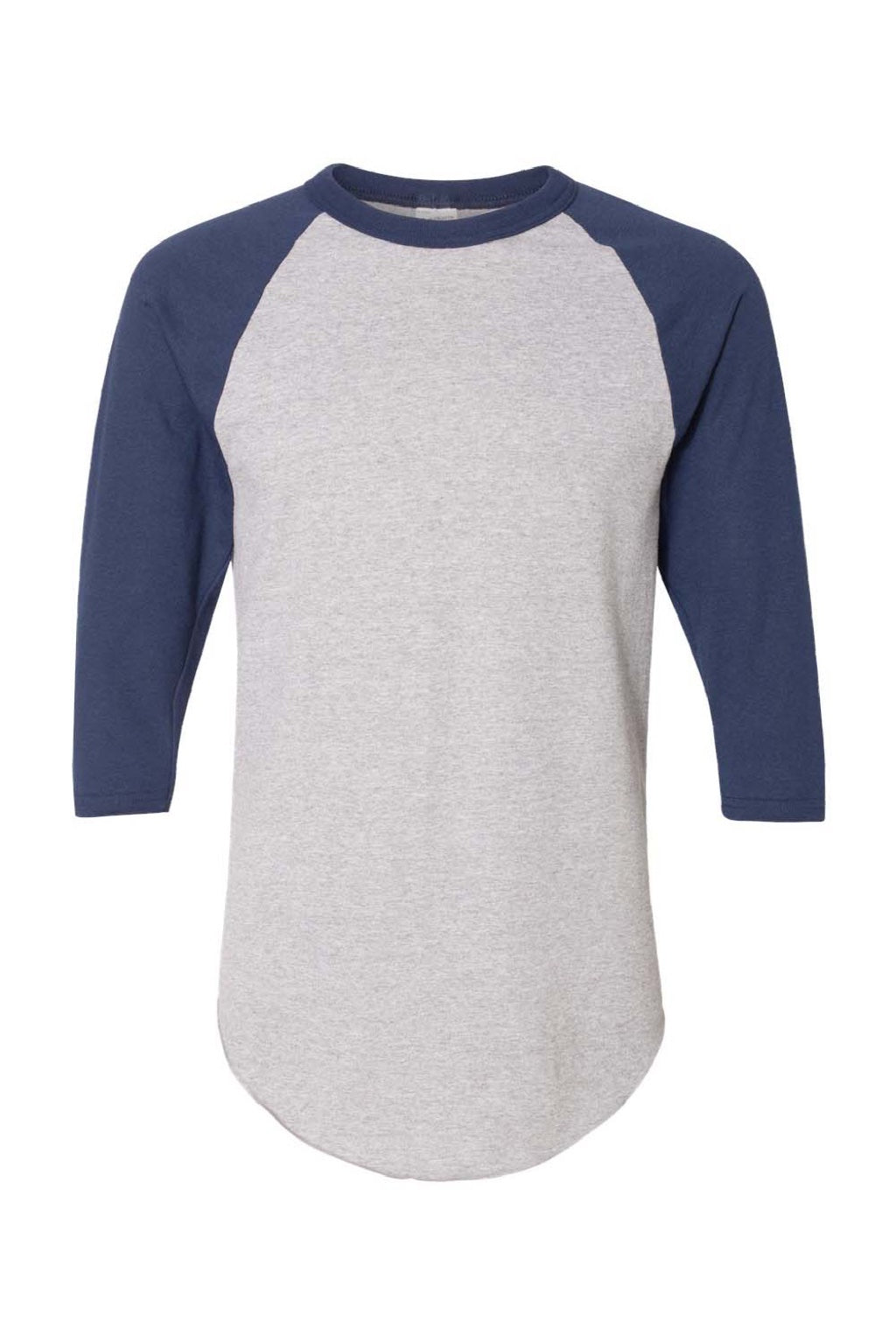 Augusta Sportswear 4420 Mens Raglan 3/4 Sleeve Crewneck T-Shirt Heather Grey/Navy Blue Model Flat Front
