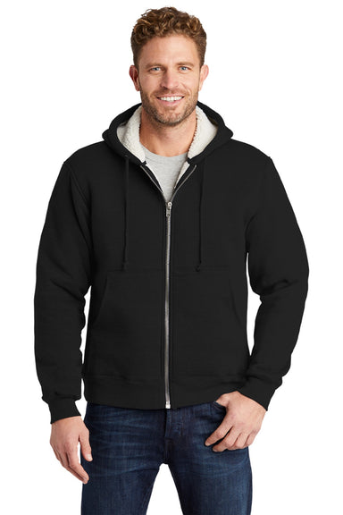 CornerStone CS625 Mens Water Resistant Fleece Full Zip Hooded Sweatshirt Hoodie w/ Pockets Black Model Front