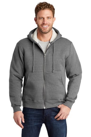 CornerStone CS625 Mens Water Resistant Fleece Full Zip Hooded Sweatshirt Hoodie w/ Pockets Grey Model Front
