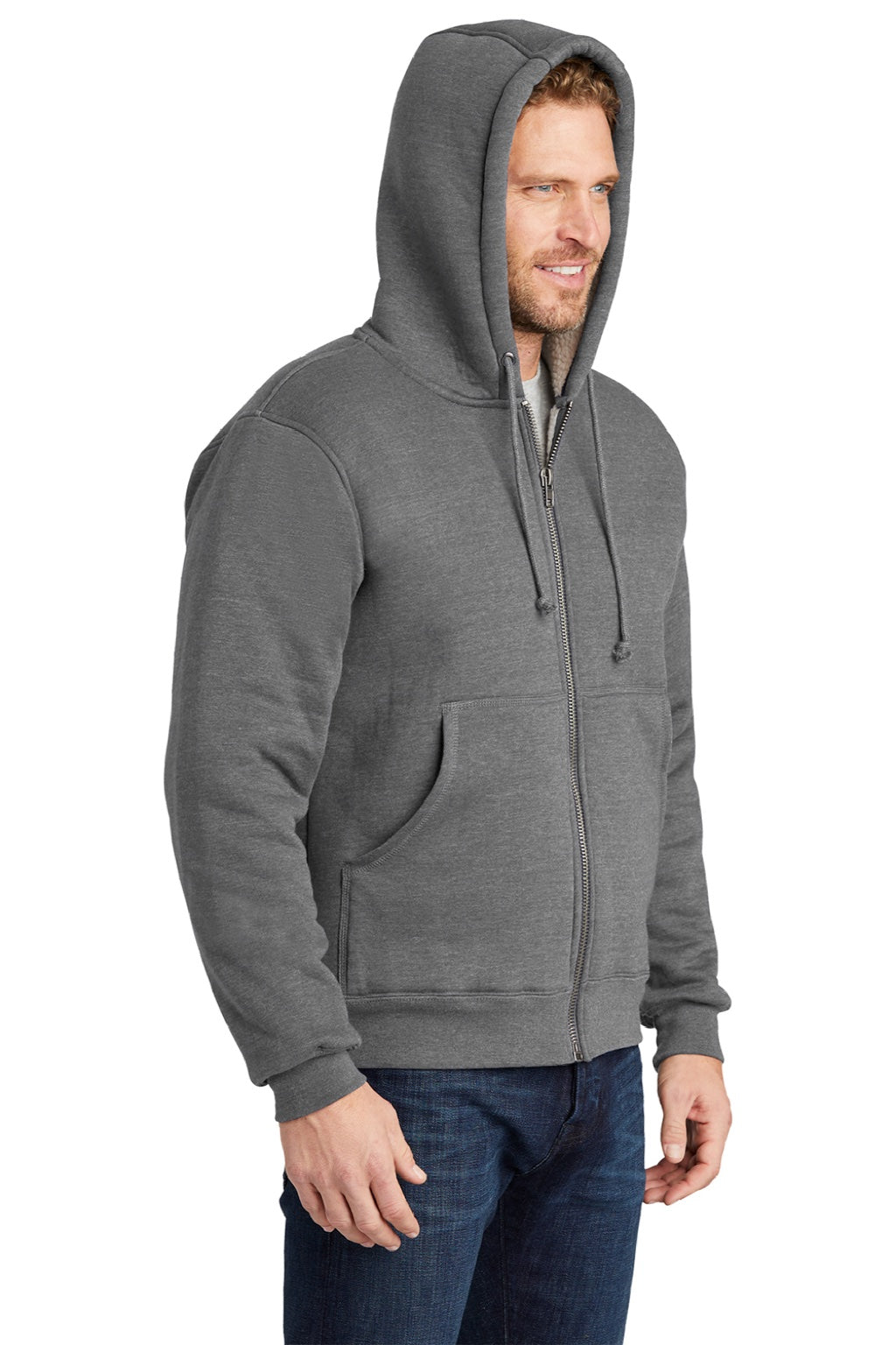 CornerStone CS625 Mens Water Resistant Fleece Full Zip Hooded Sweatshirt Hoodie w/ Pockets Grey Model 3q