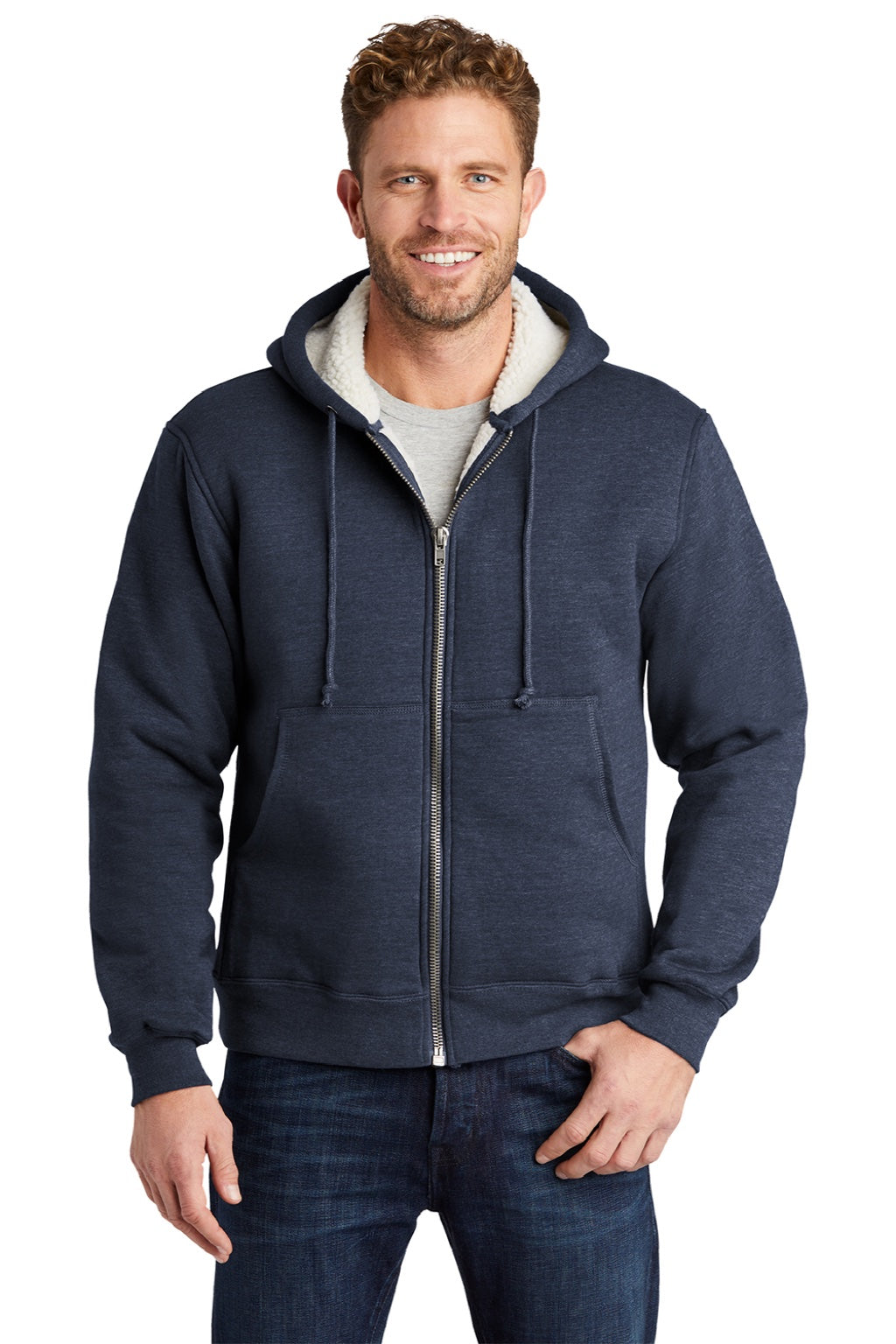 CornerStone CS625 Mens Water Resistant Fleece Full Zip Hooded Sweatshirt Hoodie w/ Pockets Navy Blue Model Front