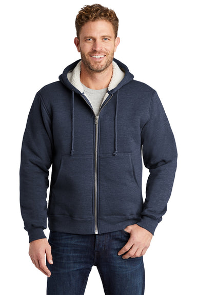 CornerStone CS625 Mens Water Resistant Fleece Full Zip Hooded Sweatshirt Hoodie w/ Pockets Navy Blue Model Front