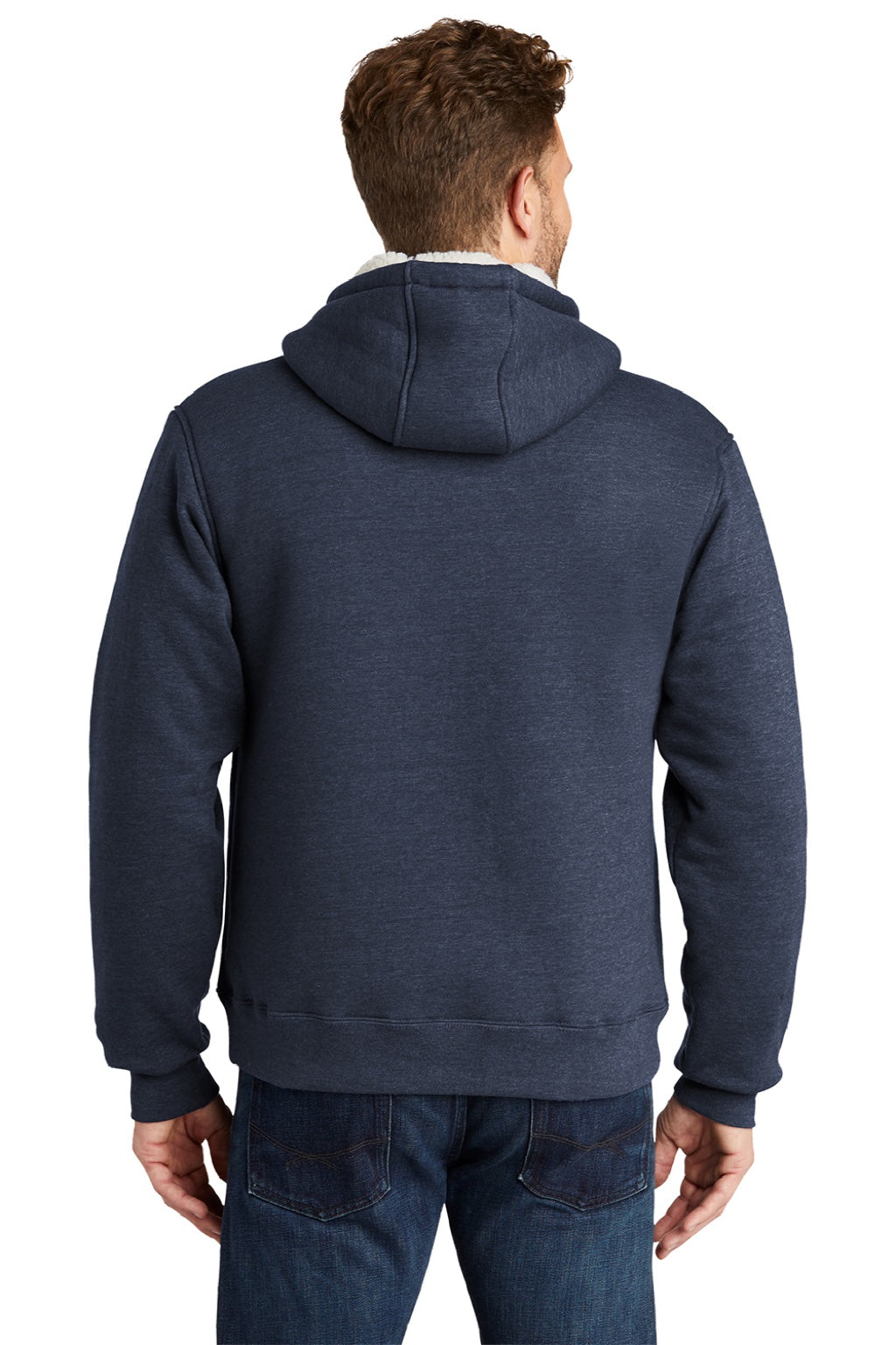 CornerStone CS625 Mens Water Resistant Fleece Full Zip Hooded Sweatshirt Hoodie w/ Pockets Navy Blue Model Back