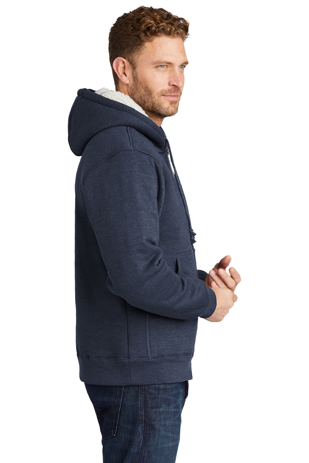 CornerStone CS625 Mens Water Resistant Fleece Full Zip Hooded Sweatshirt Hoodie w/ Pockets Navy Blue Model Side