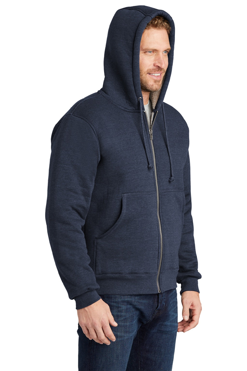 CornerStone CS625 Mens Water Resistant Fleece Full Zip Hooded Sweatshirt Hoodie w/ Pockets Navy Blue Model 3q