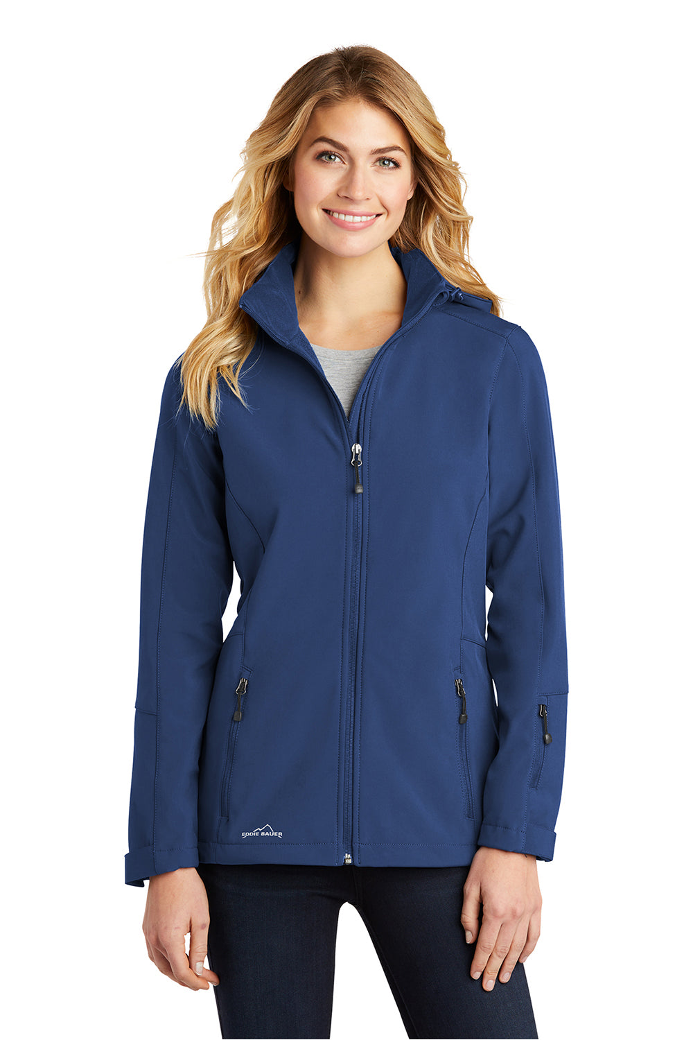 Eddie Bauer EB537 Womens Water Resistant Full Zip Hooded Jacket Admiral Blue Model Front