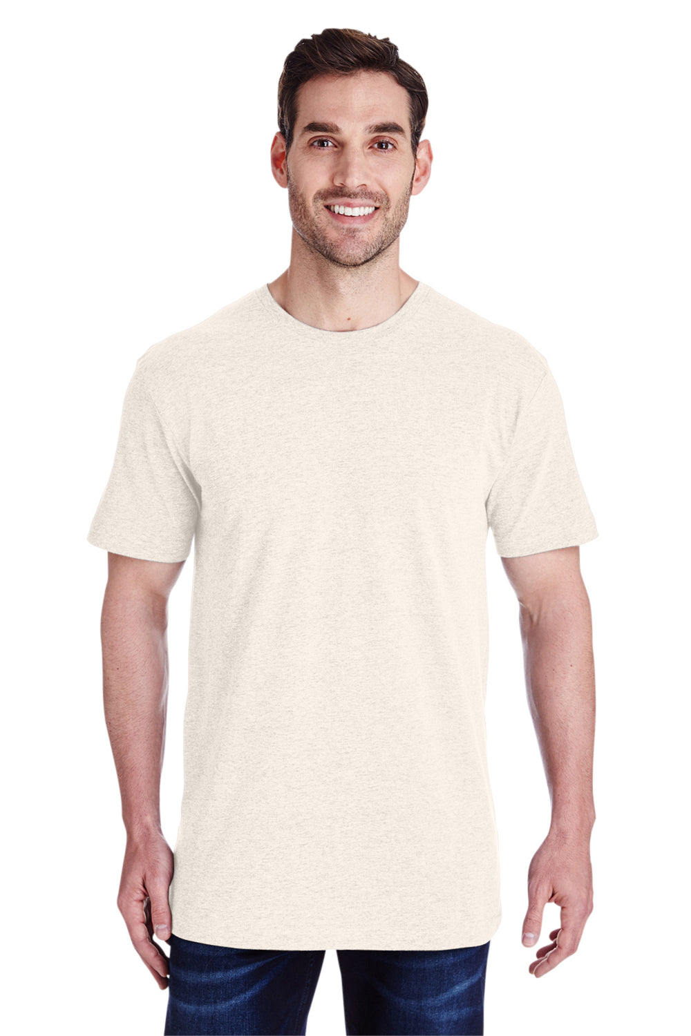 LAT 6901 Mens Fine Jersey Short Sleeve Crewneck T-Shirt Heather Natural Model Front