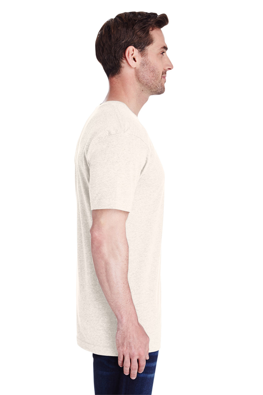 LAT 6901 Mens Fine Jersey Short Sleeve Crewneck T-Shirt Heather Natural Model Side