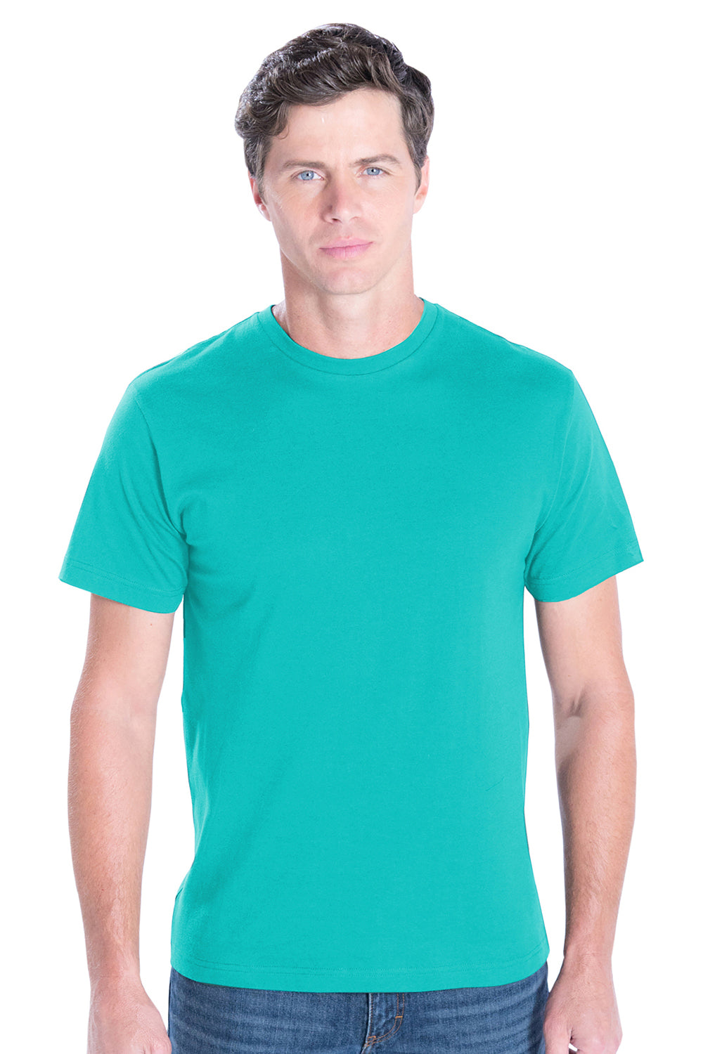 LAT 6901 Mens Fine Jersey Short Sleeve Crewneck T-Shirt Caribbean Blue Model Front