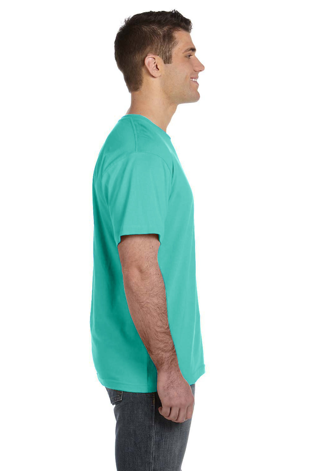 LAT 6901 Mens Fine Jersey Short Sleeve Crewneck T-Shirt Caribbean Blue Model Side