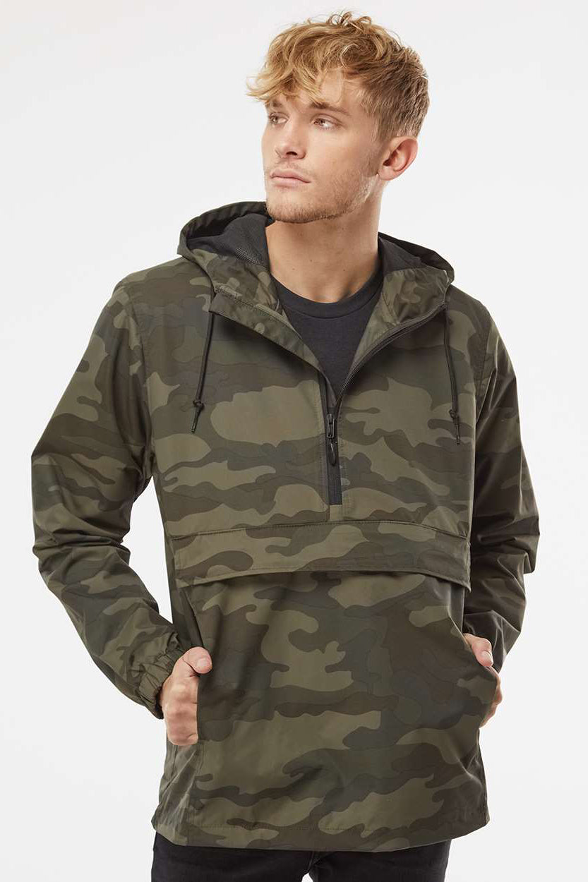 Independent Trading Company EXP94NAW Mens 1/4 Zip Waterproof Hooded Anorak Jacket Forest Green Camo Model Front