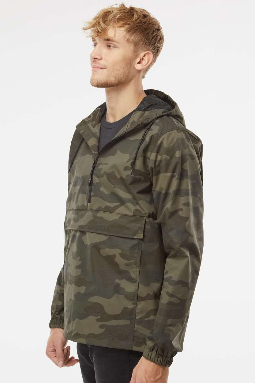 Independent Trading Company EXP94NAW Mens 1/4 Zip Waterproof Hooded Anorak Jacket Forest Green Camo Model Side